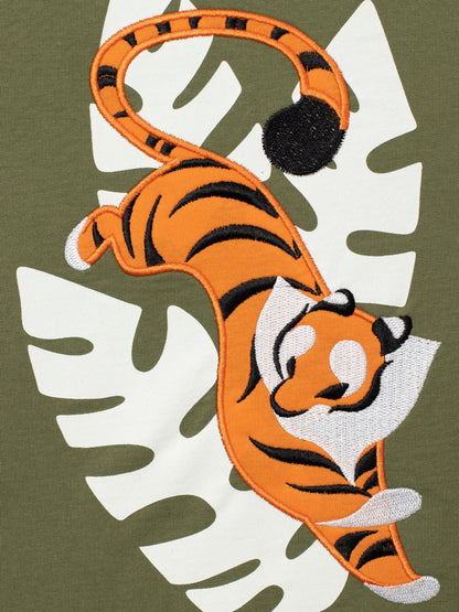 Long Sleeve T-Shirt with (Jumping Tiger) Applique embroidery - Olive