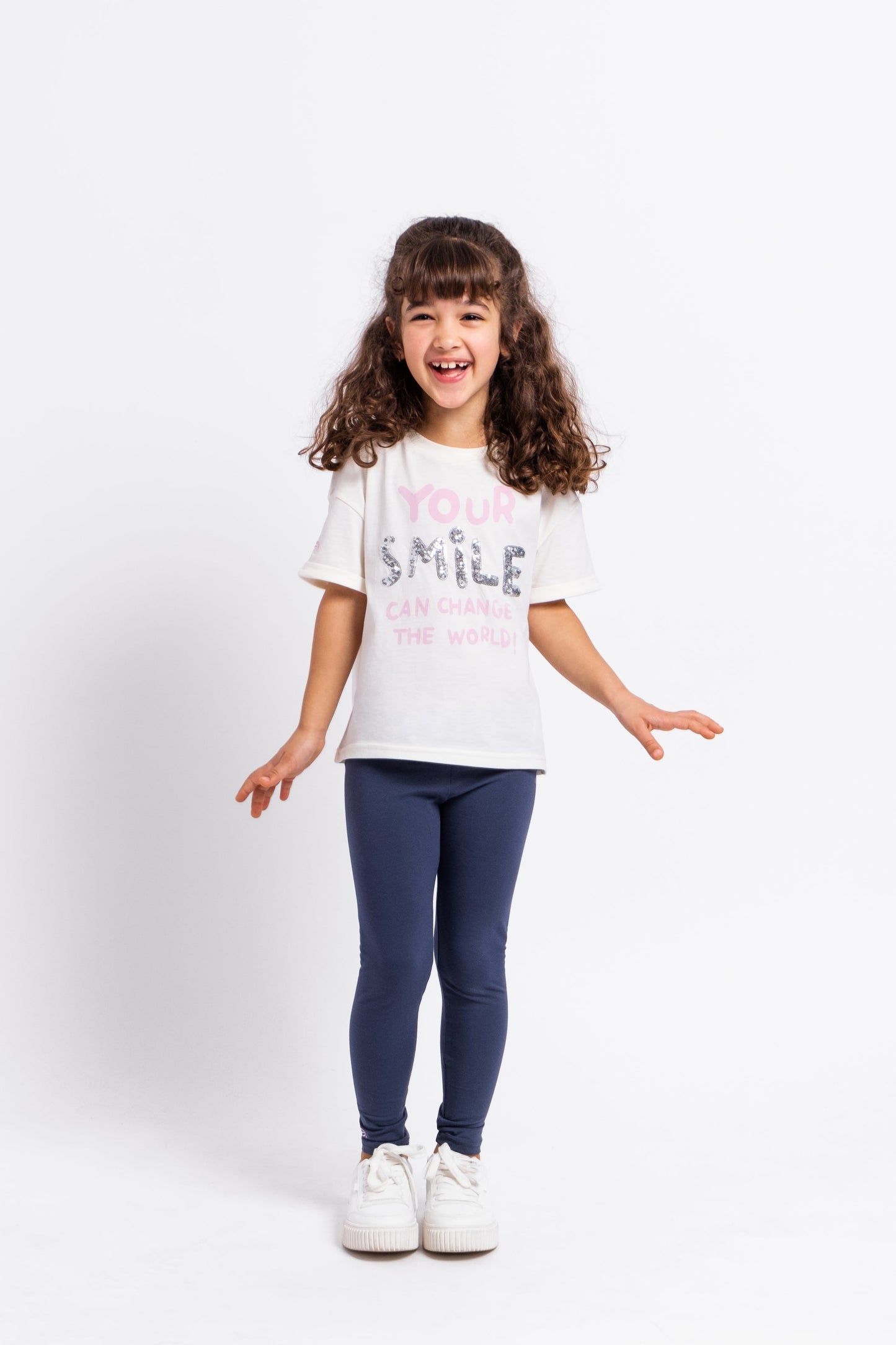 Short Sleeve T-Shirt With Phrase Sequin Graphic - Ecru