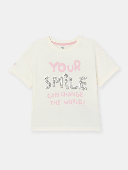 Short Sleeve T-Shirt With Phrase Sequin Graphic - Ecru