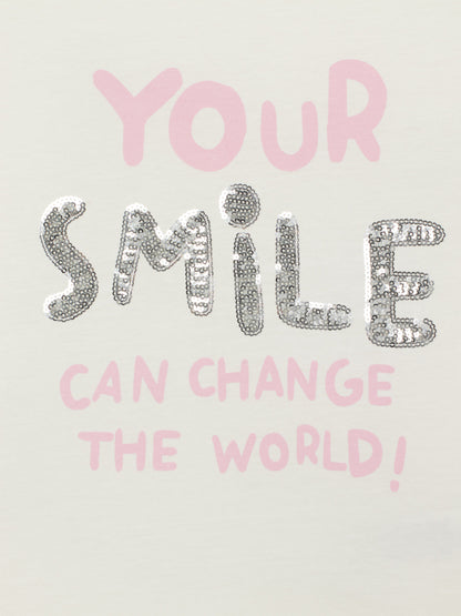 Short Sleeve T-Shirt With Phrase Sequin Graphic - Ecru