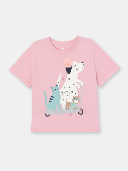 Short Sleeve T-Shirt With (Animal Friends) Embellished & Glitter Graphic - Pink