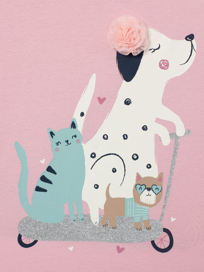 Short Sleeve T-Shirt With (Animal Friends) Embellished & Glitter Graphic - Pink
