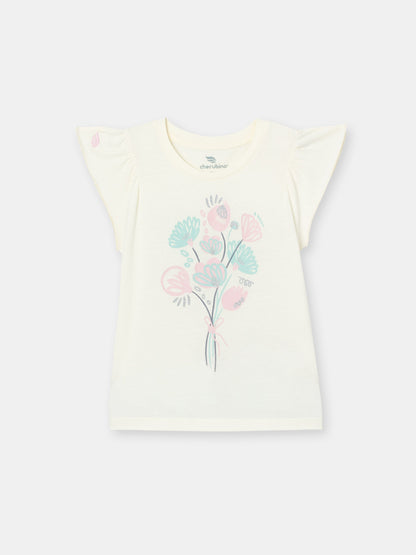 Cherubino Girls' Flutter Sleeve Floral Bouquet Tee in Ecru