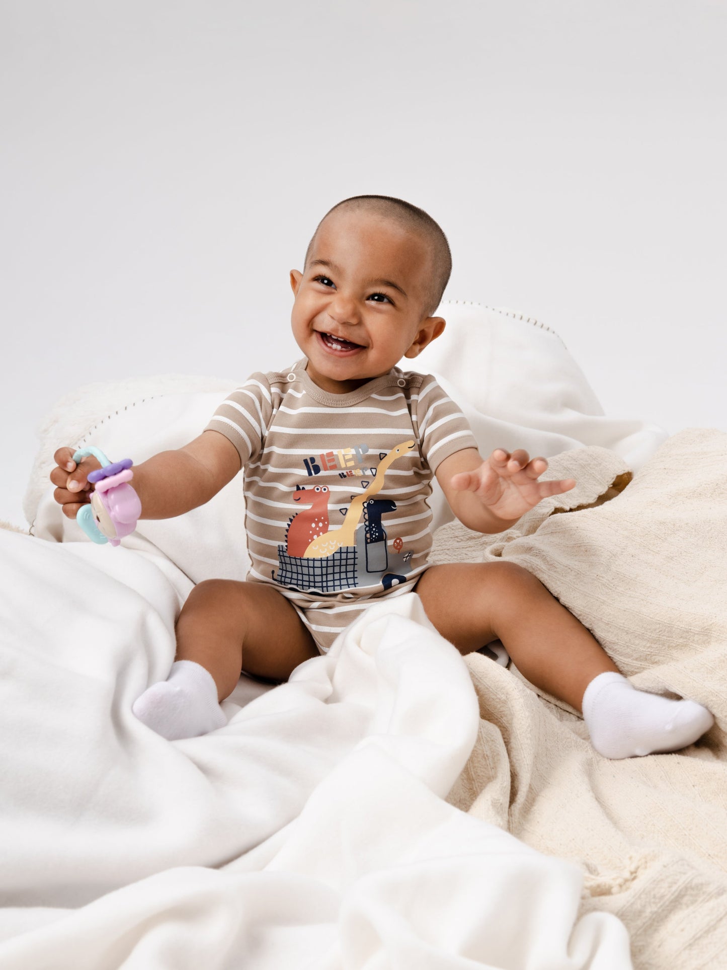 Striped Short Sleeve Dino Adventure Bodysuit - Beige stripes