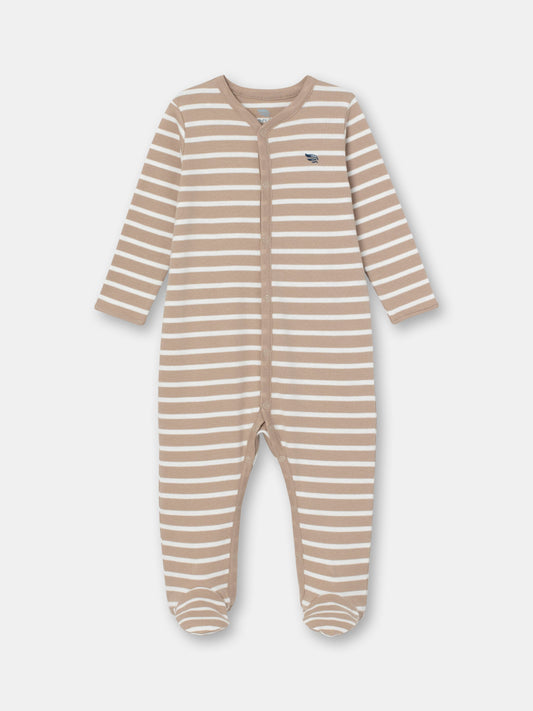 Snap Front Jumpsuit with Non-Slip Footies with (Mini Stripe) Pattern - Brown