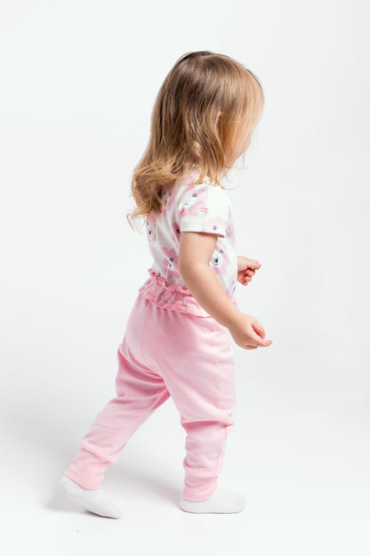 Ruffle Waistband Pants with Adjustable Cuffs in Solid - Pink
