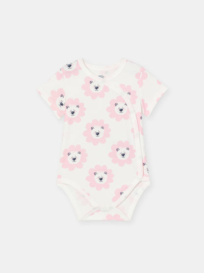 Short Sleeve Wrap Front Bodysuit with (Floral Lion) Pattern - White