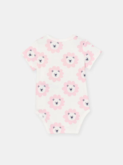 Short Sleeve Wrap Front Bodysuit with (Floral Lion) Pattern - White
