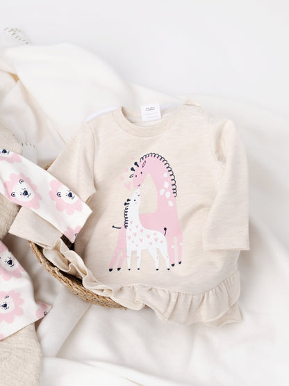 Short Sleeve Flutter Trim Dress with (Baby Kiss) Graphic - Ecru
