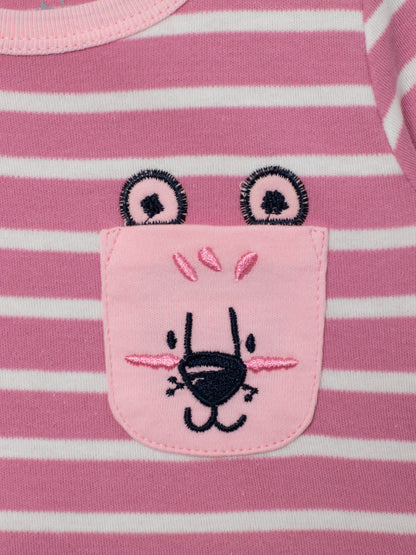Short Sleeve Dress in (Mini Stripe) Pattern with Patch Pocket - Raspberry