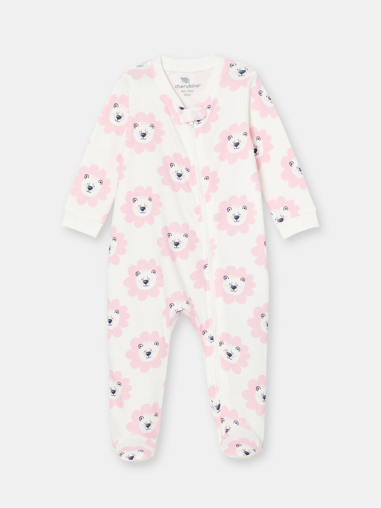 On-the-Go Zipper Jumpsuit with Non-Slip Footies in (Floral Lion) Pattern - White