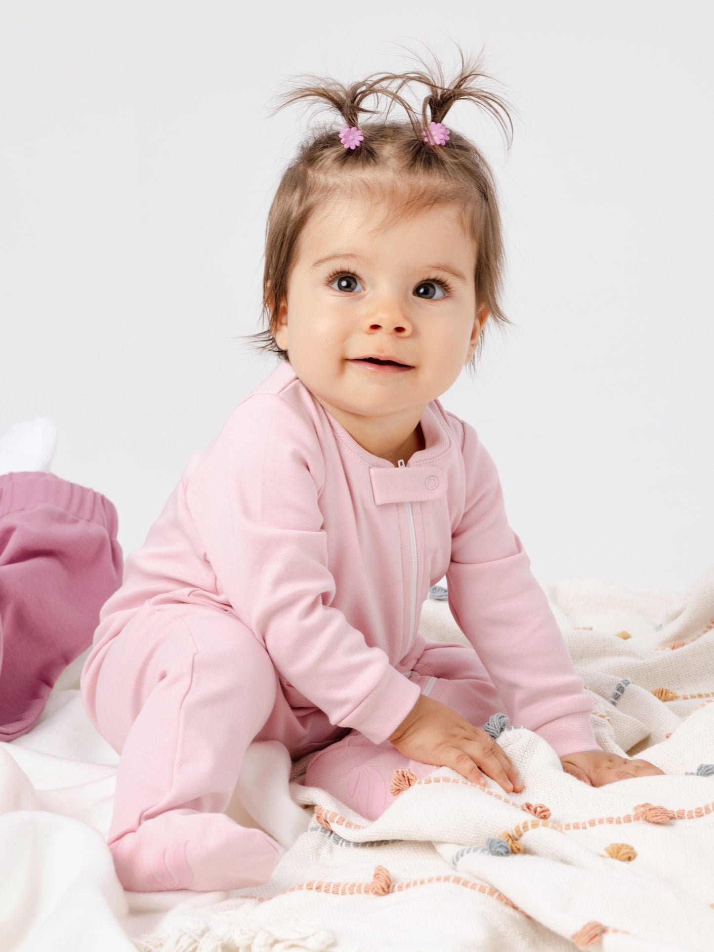 Solid On-the-Go Zipper Jumpsuit with Non-Slip Footies with Embroidered Pocket - Pink