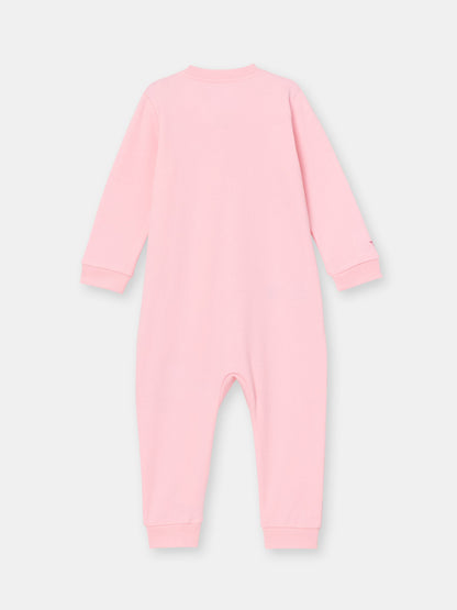 Solid On-the-Go Zipper Jumpsuit with Non-Slip Footies with Embroidered Pocket - Pink