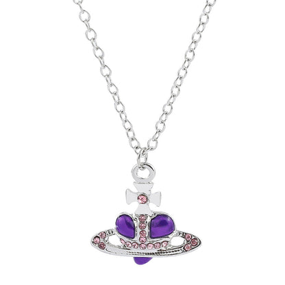 Saturn necklace, teardrop colored diamond earrings, Saturn earrings