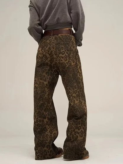 Leopard Print Y2k Jeans Women Oversized Wide Leg Denim Trousers Streetwear