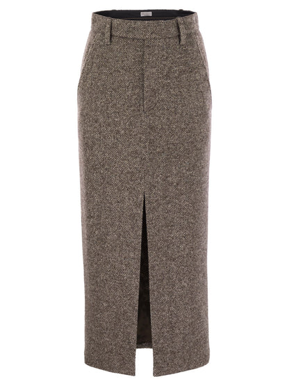 Brunello Cucinelli Women Sartorial Pencil Skirt In Diagonal Mélange Of Virgin Wool And Silk With Moniline