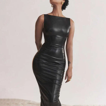 Black American Style Women Dress in PU Leather Skirt