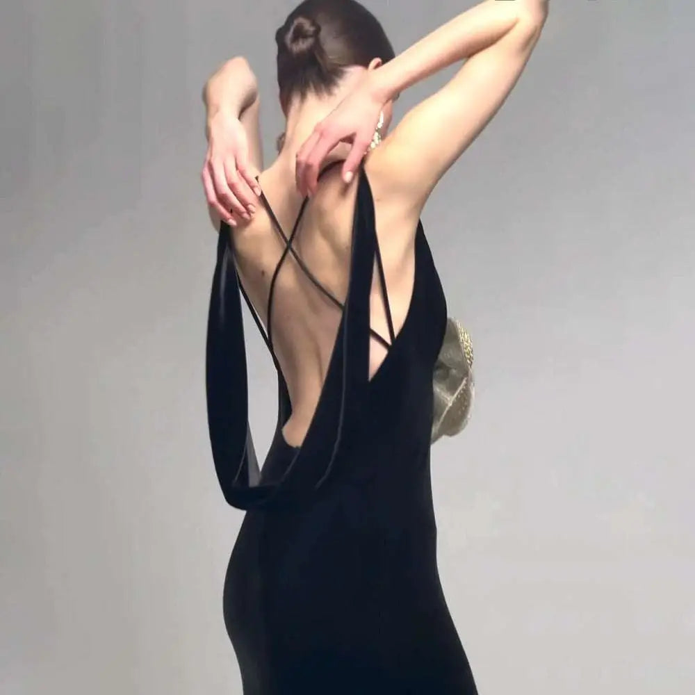 Black Camisole Backless Slim Fit Velvet Floral Gown