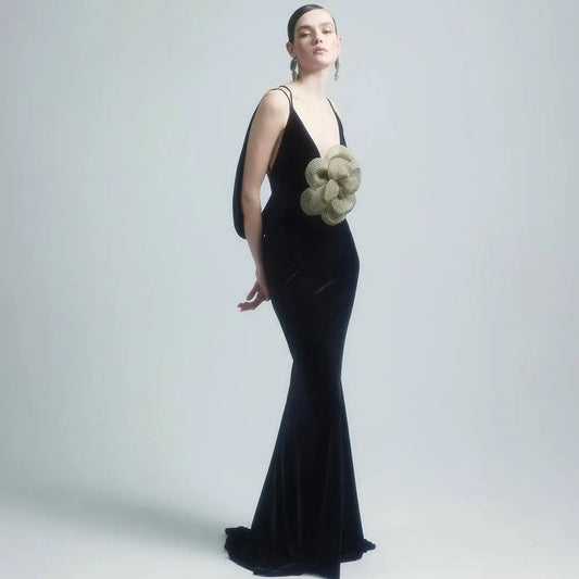Black Camisole Backless Slim Fit Velvet Floral Gown