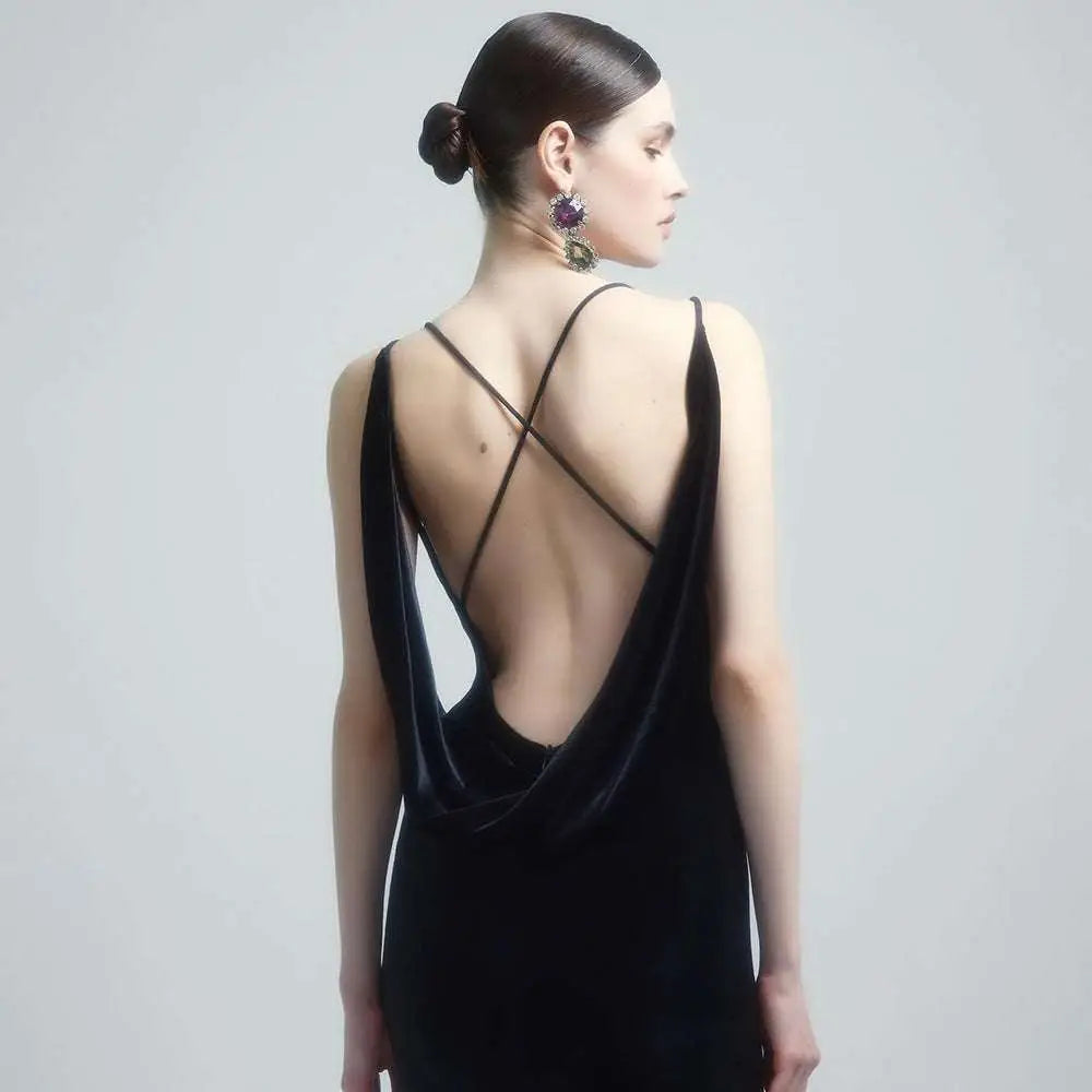 Black Camisole Backless Slim Fit Velvet Floral Gown