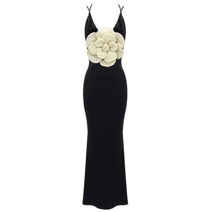 Black Camisole Backless Slim Fit Velvet Floral Gown