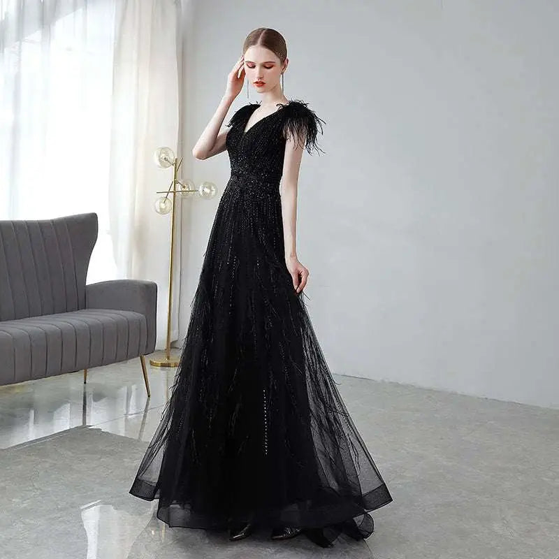 Black Double Shoulder Evening Dress with Sequins