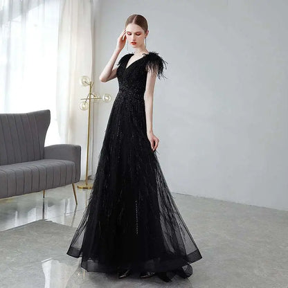 Black Double Shoulder Evening Dress with Sequins