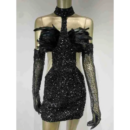 Black Halter Feather Sequins Short Mini Dress
