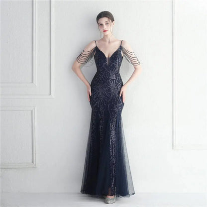 Black Mesh Beaded Bridal Wedding Dinner Gown