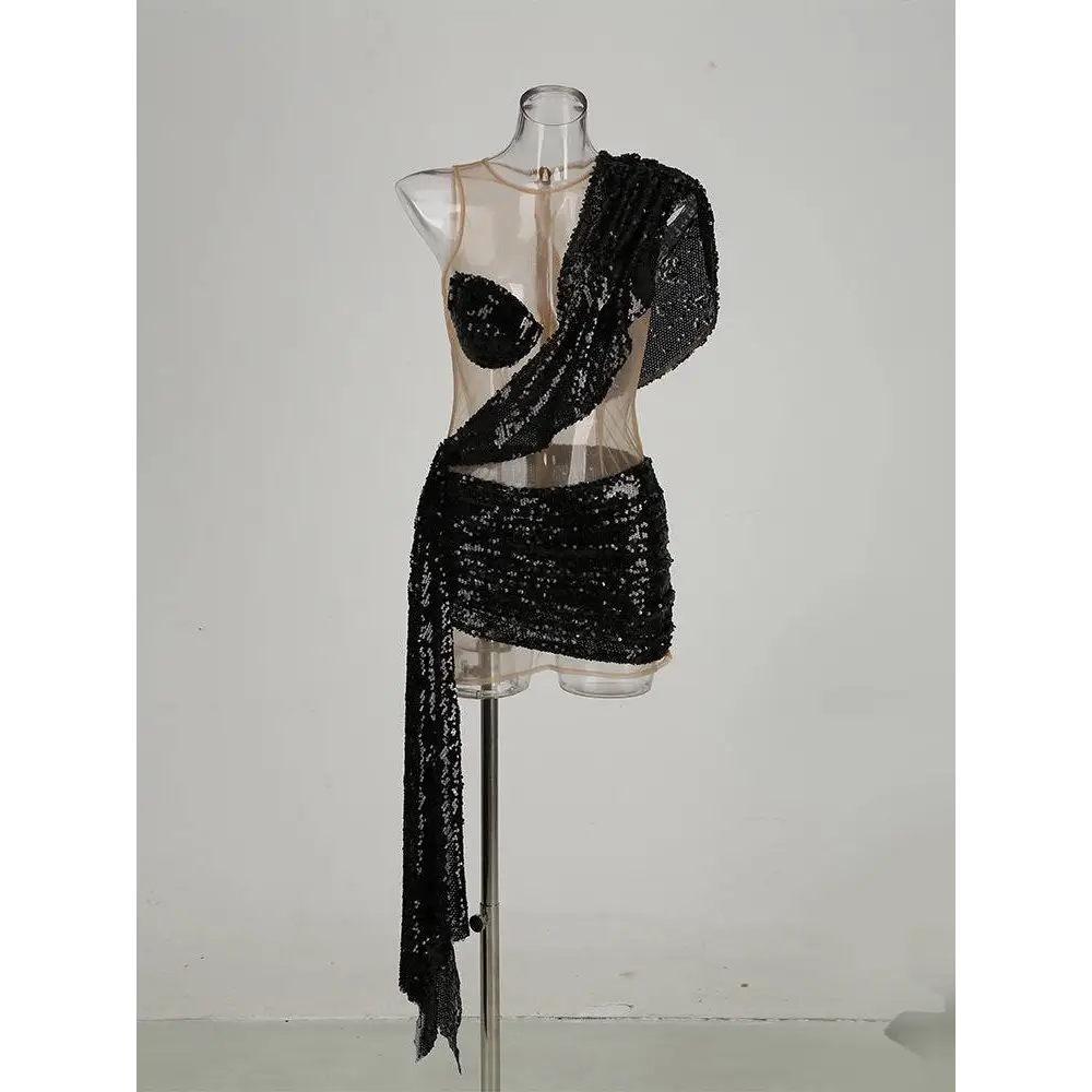Black Sequined Elegant Shoulder Stitching Dress