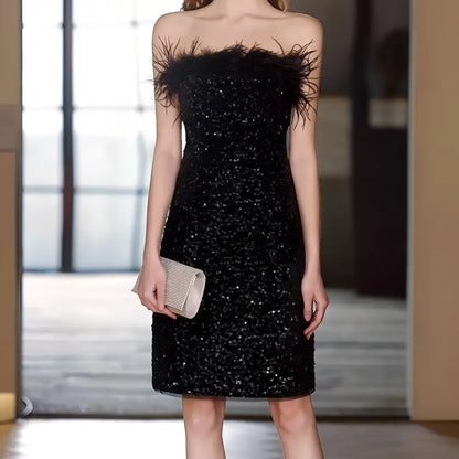 Black Sequined Feather Trim Banquet Evening Dress