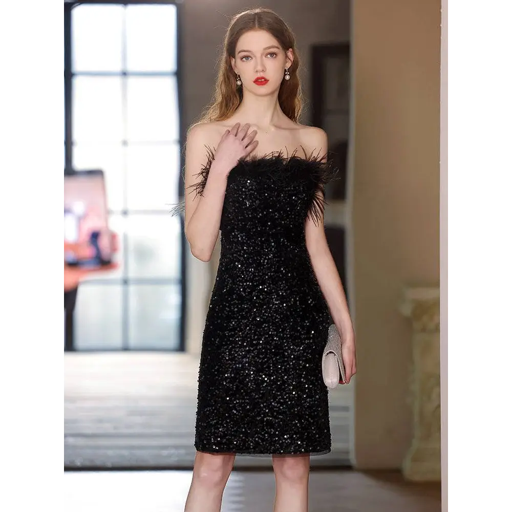 Black Sequined Feather Trim Banquet Evening Dress