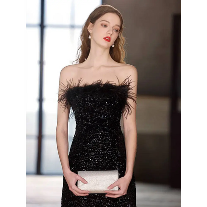 Black Sequined Feather Trim Banquet Evening Dress