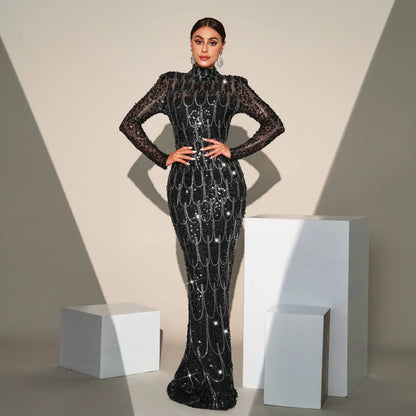 Black Sequined Long Sleeve Round Neck Evening Dress