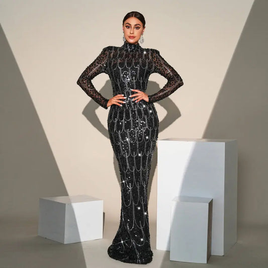 Black Sequined Long Sleeve Round Neck Evening Dress