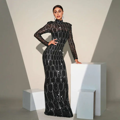 Black Sequined Long Sleeve Round Neck Evening Dress