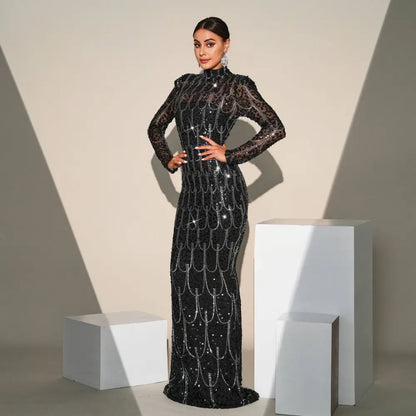 Black Sequined Long Sleeve Round Neck Evening Dress