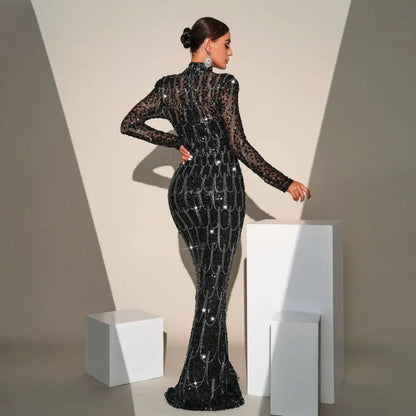 Black Sequined Long Sleeve Round Neck Evening Dress