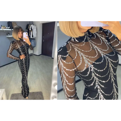 Black Silver Sequin Mermaid Women Maxi Dresses Long Sleeve