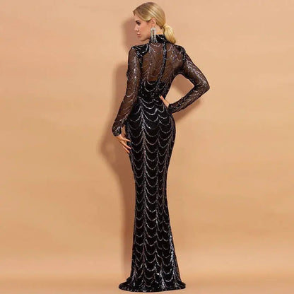 Black Silver Sequin Mermaid Women Maxi Dresses Long Sleeve