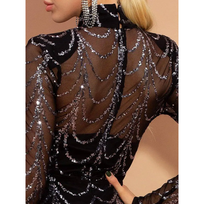 Black Silver Sequin Mermaid Women Maxi Dresses Long Sleeve