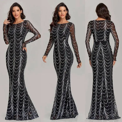 Black Silver Sequin Mermaid Women Maxi Dresses Long Sleeve