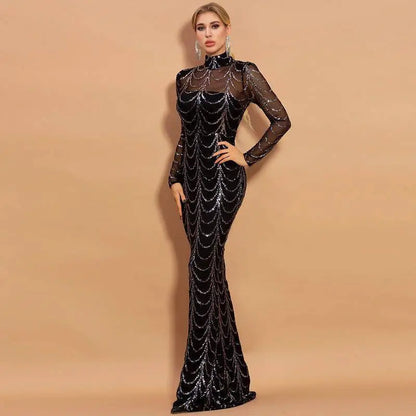 Black Silver Sequin Mermaid Women Maxi Dresses Long Sleeve