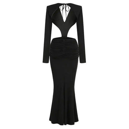Black V-Neck Backless Long Sleeves Skirt Waist Gown