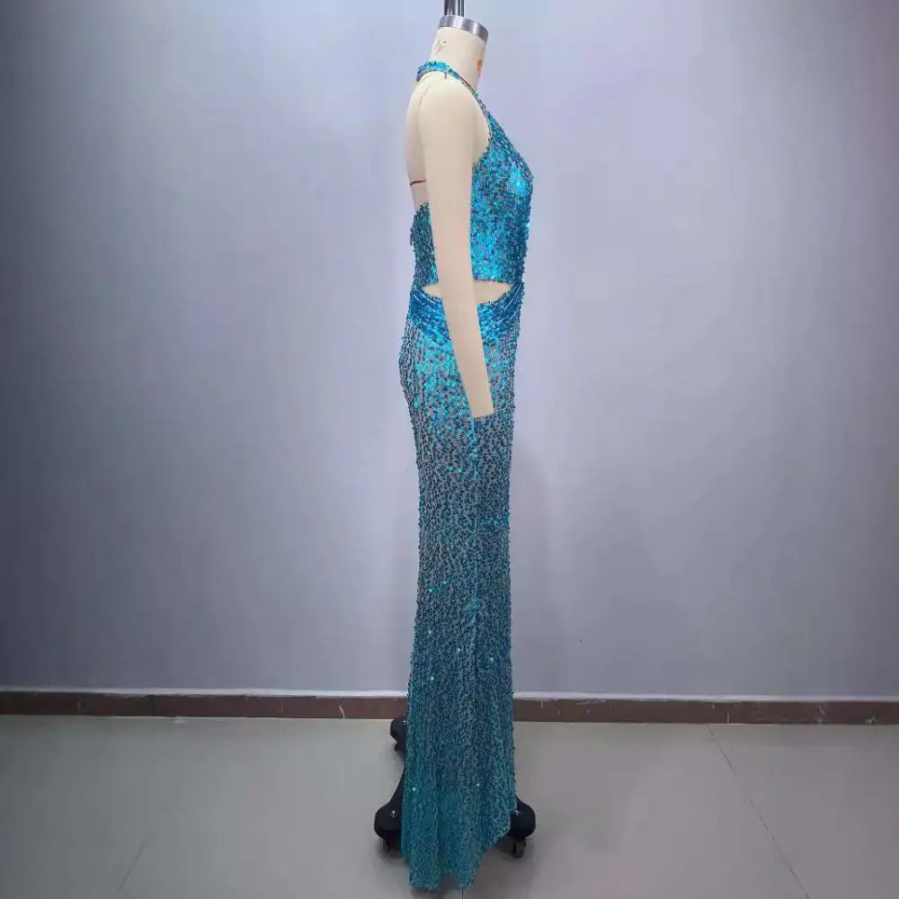 Blue Sequined Slimming Party Stage Host Mermaid Gown