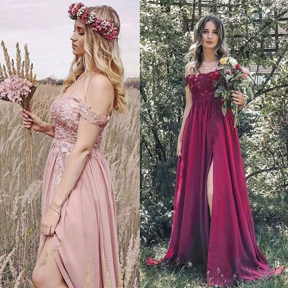 Blush Pink Lace Long Prom Dress Slit