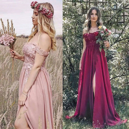 Blush Pink Lace Long Prom Dress Slit