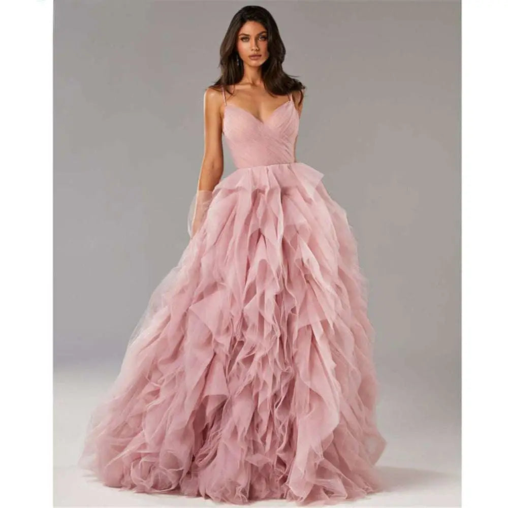 Blush Pink Mesh Long Dress Evening Gown Prom