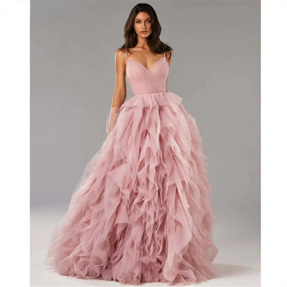 Blush Pink Mesh Long Dress Evening Gown Prom