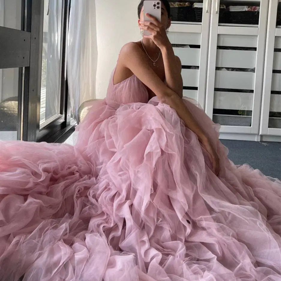Blush Pink Mesh Long Dress Evening Gown Prom